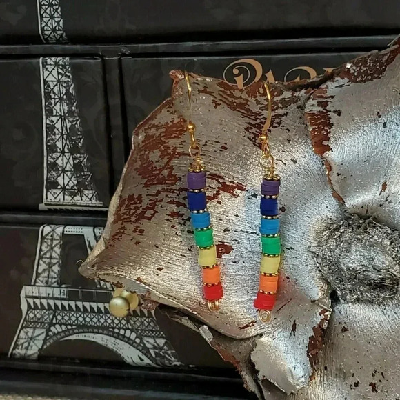 Rainbow LGBTQ Chakras Yoga Pride Beads Hand Crafted Gold Plated Earrings - Picture 3 of 10